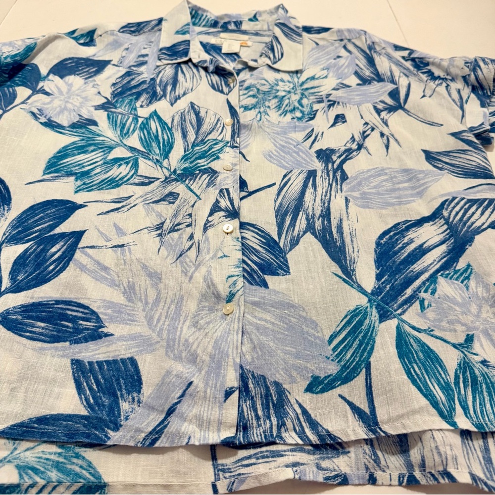 C&C California White Blue Linen Tropic Blouse Top Size M Tropical Camp Shirt - Picture 5 of 12